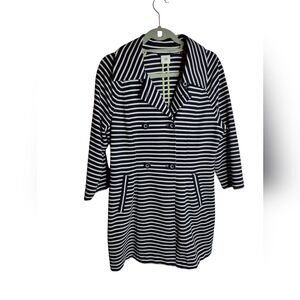 Cabi Maritime Trench Coat Women's Size L navy white stripe nautical 3/4 sleeve